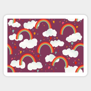 Clouds, rainbows and love hearts on a purple background Sticker